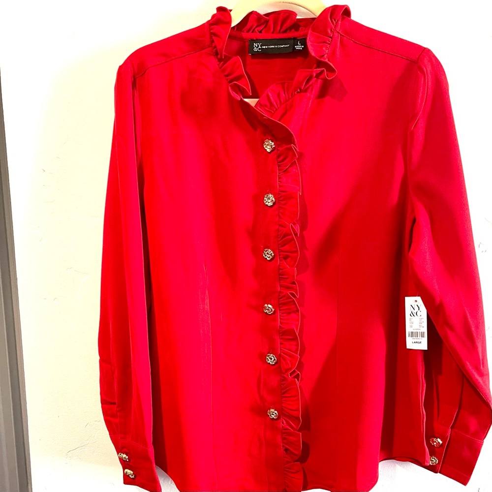 New York & Co red ruffle blouse with gold buttons
